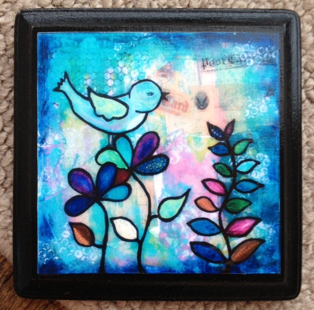 Bird Art Print, Flowers, Mixed Media, Print on Wood Plaque, 5x5, Blue, Purple, Whimsical, Wall Decor