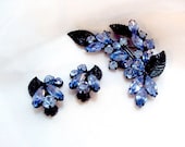 Jappaned Blue Rhinestone Vintage Flower Pin and Earrings by Weiss