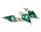 2 - 23x8mm Vintage Pear Shape Stone and Round Rhinestone in 2 Ring 2 Stone Silver Antique Brass Settings - Sapphire Green and Crystal