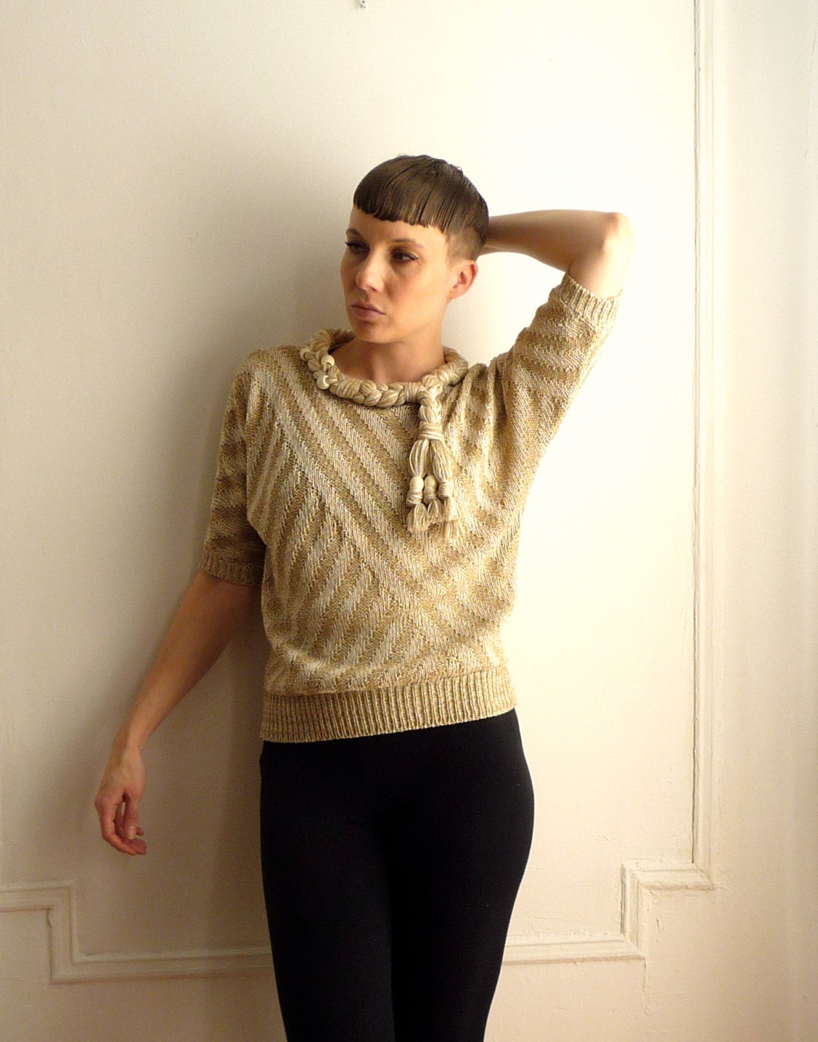 Striped Knit Top With Thick Braid Neckline