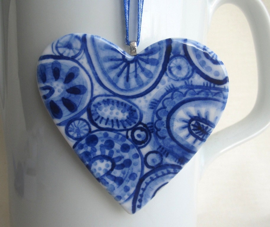 Hand painted porcelain  heart -  Blue and white Delftware ornament