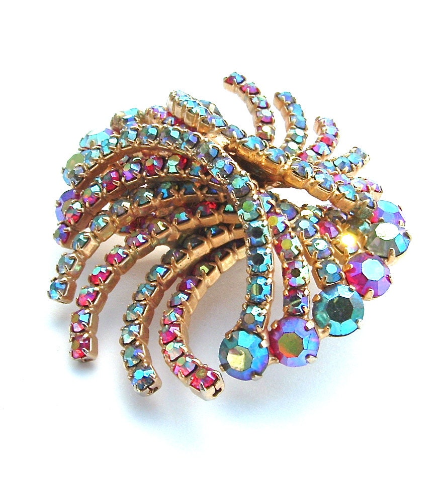 Signed Alice Caviness Brooch Aurora Borealis Rhinestone Brooch Designer Jewelry, FREE US SHIPPING