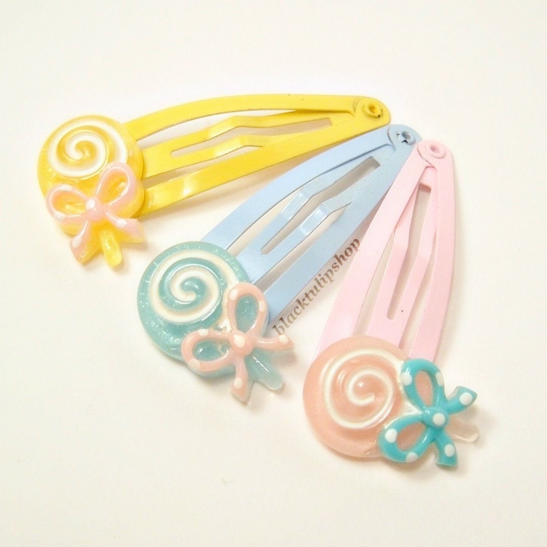 3 Piece Snap Hair Clip Set Light Blue Pink Yellow Swirl Glitter Lollipop Polka Dot Bow