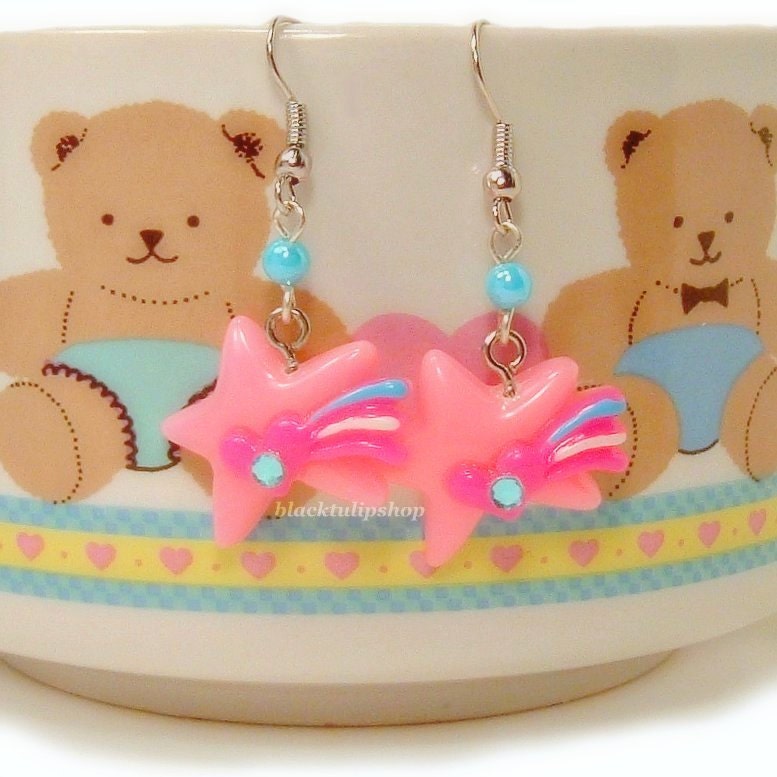 Kawaii Fairy Kei Earrings Pink Shooting Star Blue Rhinestone Hot Pink Heart Retro 80s Inspired