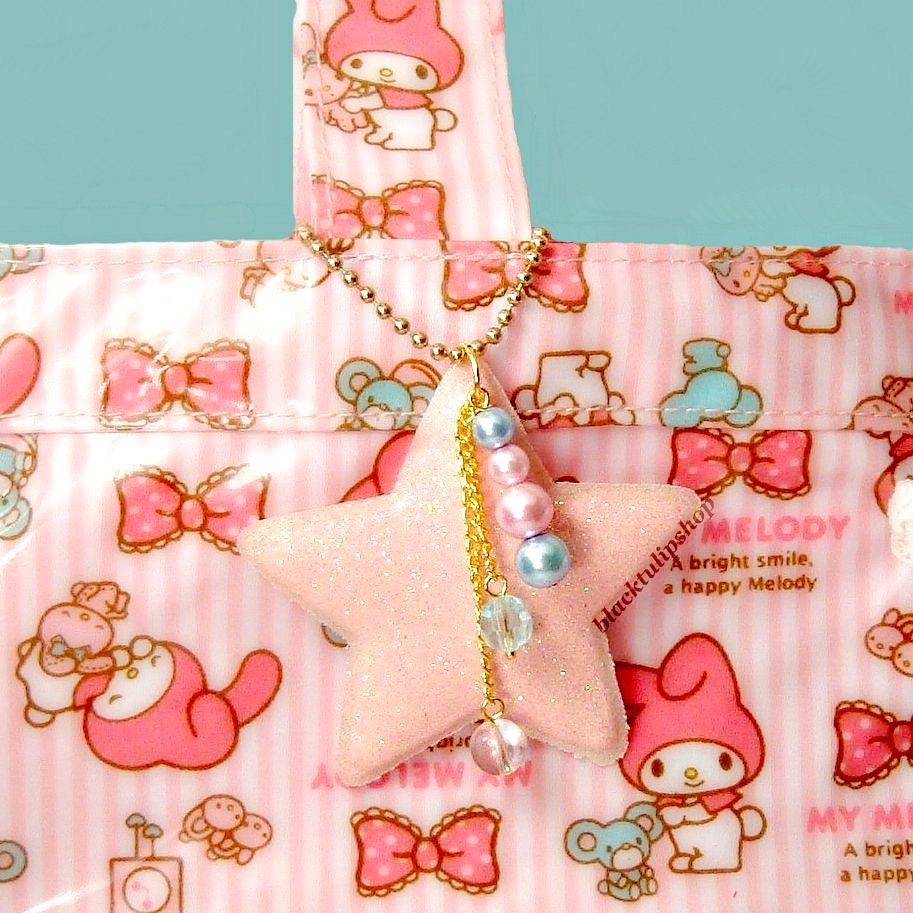 Kawaii Bag Charm Zipper Pull Puffy Pink Glitter Star Light Pink Blue Pearls Fairy Key Lolita Accessory