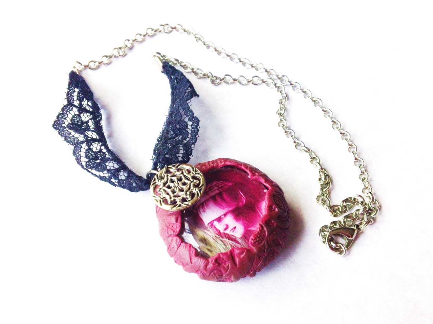 Pink Polymer Clay Vintage Style Pendant Necklace - Flowers of the Past