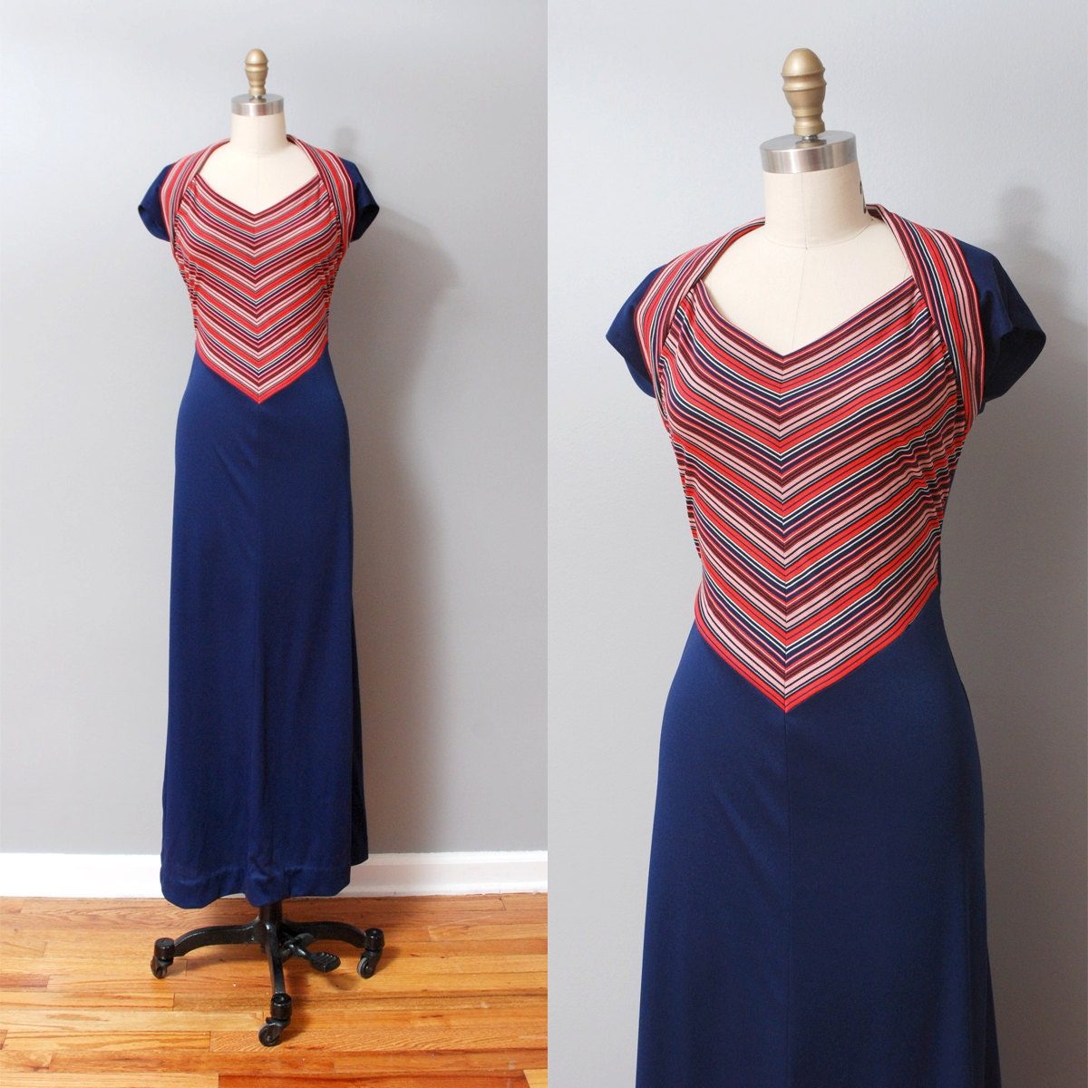 1970s Dress - Blue and Red Chevron Maxi Dress