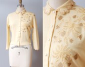 1950s Cardigan Sweater - Butter Cream Cashmere Applique Peter Pan Collar Sweater