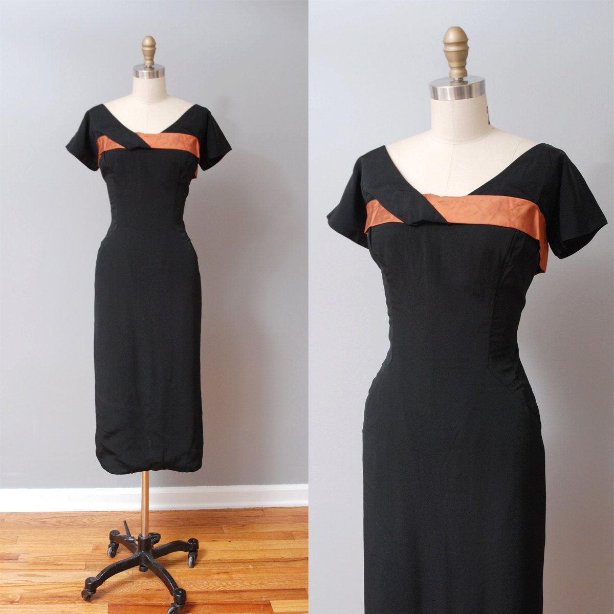 1950s Dress - Black Cocktail Wiggle 50s Dress with Satin Trim