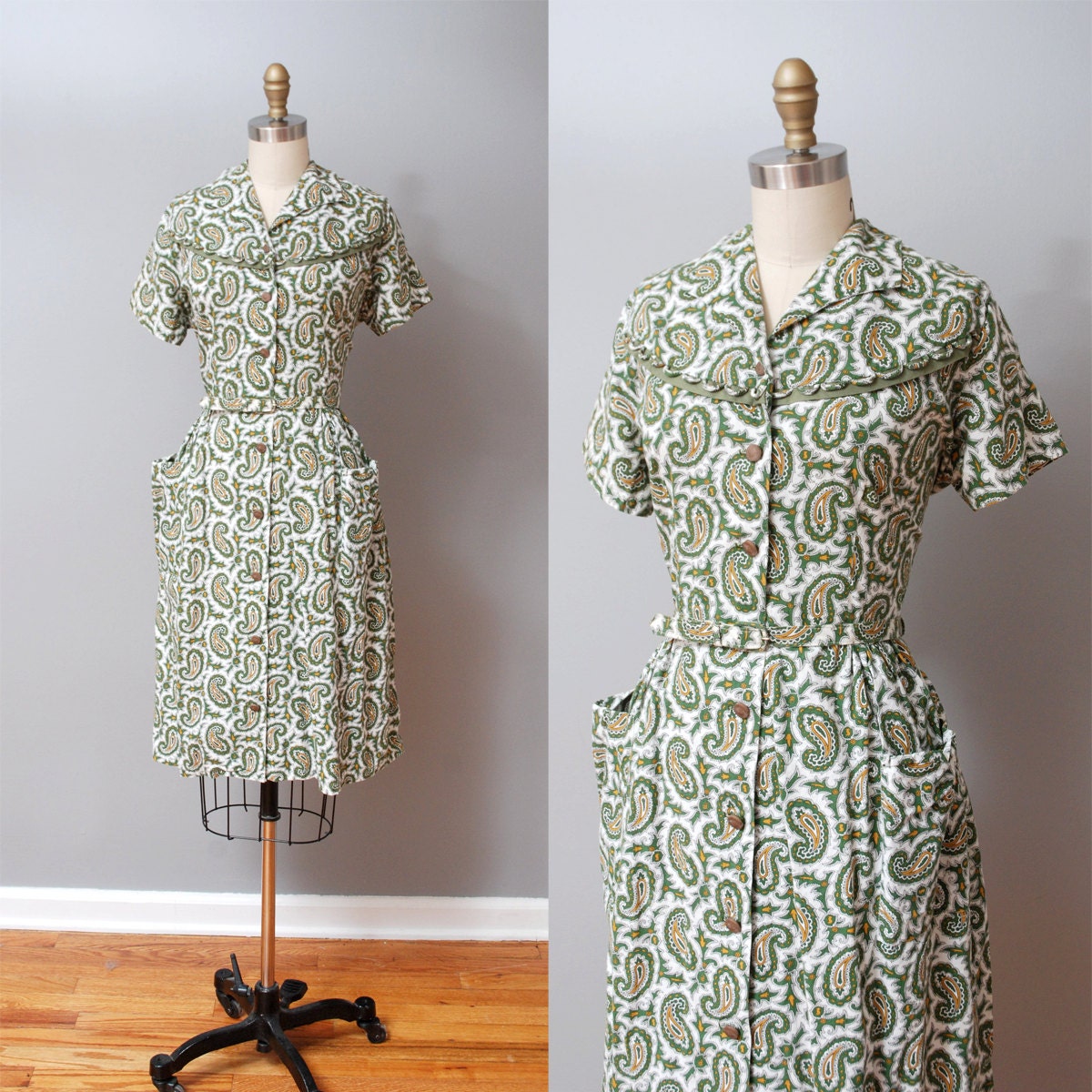 1940s Dress - Green Paisley Folk Print 40s Shirtwaist Dress