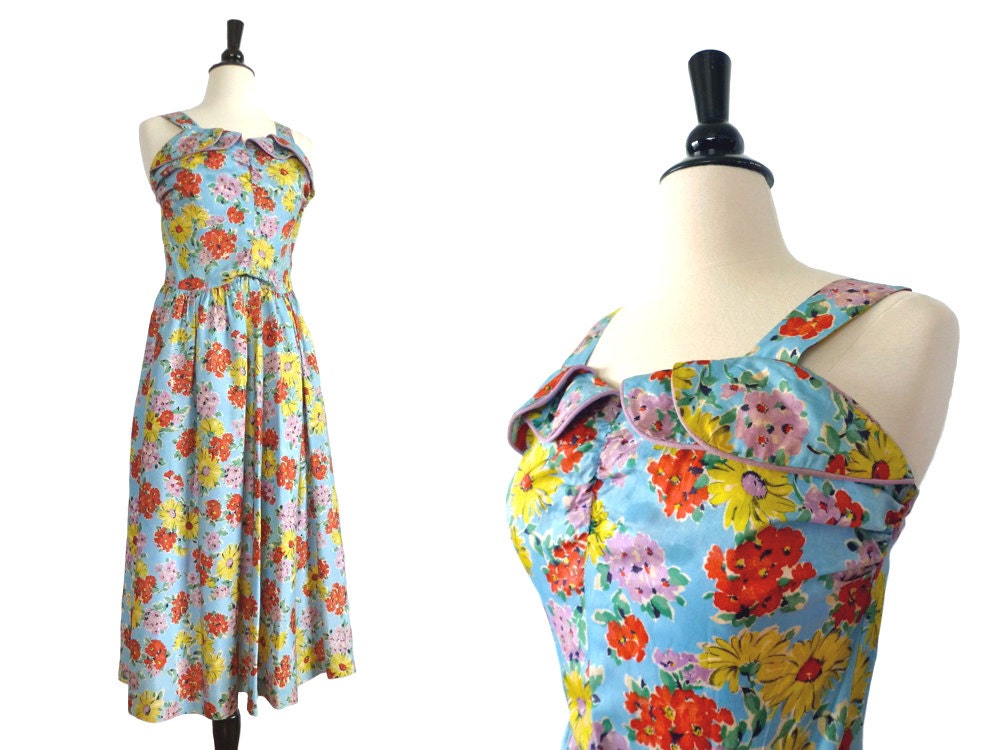 40s Dress // SPRING FORTH // 1940s Floral Sun Dress with Shawl