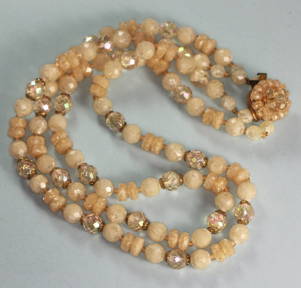 Two Strand  Bead Necklace Yellow Clear Frosted Beads West Germany