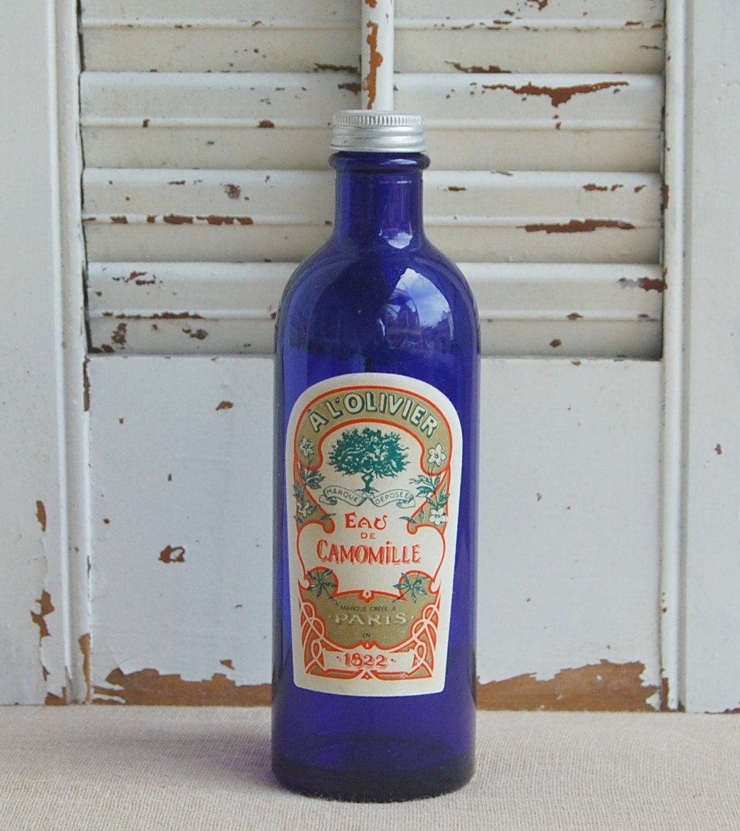 Vintage Glass  Bottle /  French Bottle /   Blue  Apothecary Bottle  / French Farmhouse Decor