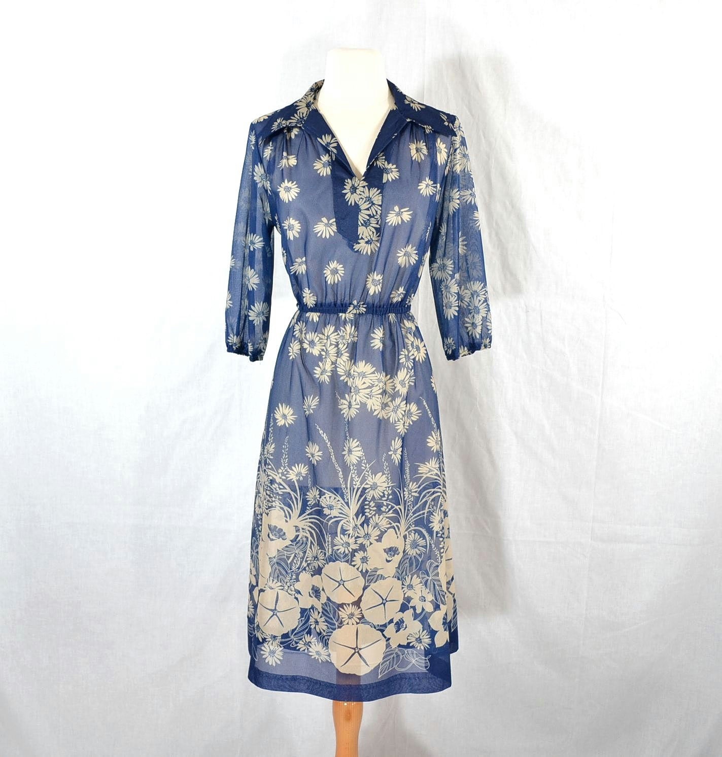 1970s Vintage Sheer Floral Print Dress - Tie Back - Small
