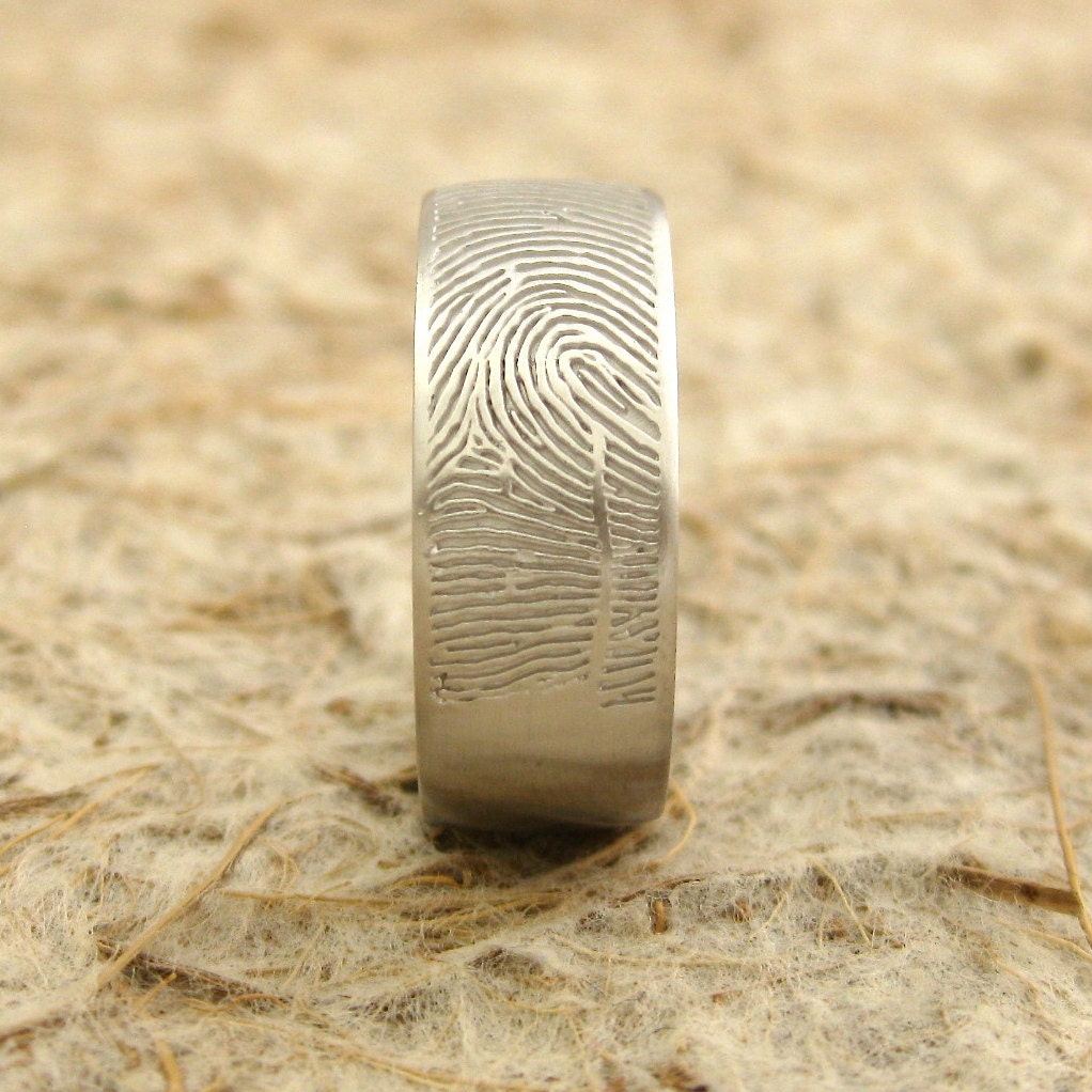 Custom Made Finger Print Wedding Ring in 14K White Gold with Convex Profile & Matte Surface Finish Size 9/8mm