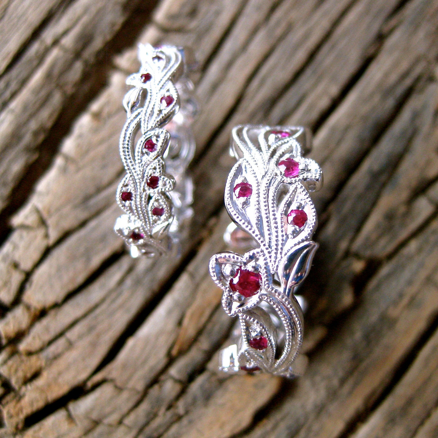 Handmade Pair of Vintage-Style Leaf & Vine Wedding Rings in 14K White Gold with Natural Red Rubies Size 5/4.5mm 8/8mm