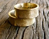 Handmade Pair of Fingerprint Wedding Bands in 14K Yellow Gold with Concave Ring Profiles and Custom Text Engravings Size 9.5/6mm & 14/6mm