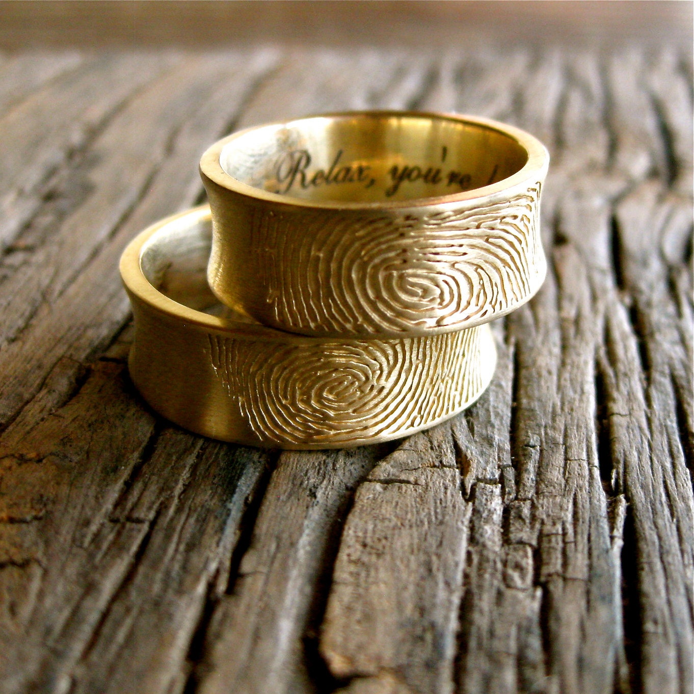 Handmade Pair of Fingerprint Wedding Bands in 14K Yellow Gold with Concave Ring Profiles and Custom Text Engravings Size 9.5/6mm & 14/6mm