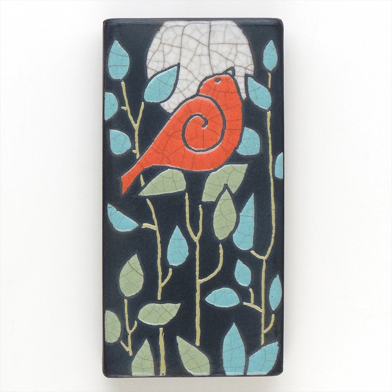 Red Bird,Ceramic tile,handmade 3x6 raku fired art tile, wall art, home decor