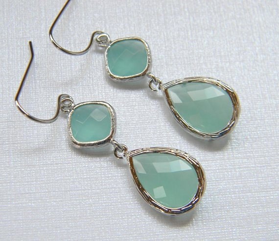 Aqua Mint Earrings - Blue Ice Earrings - Flirty Dangle Bridesmaid Earrings - Silver Framed Earrings - Bohemian Earrings - Boho Chic Earring