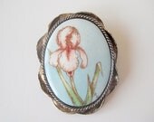 Hand Painted Signed Iris Brooch Vintage Jewelry