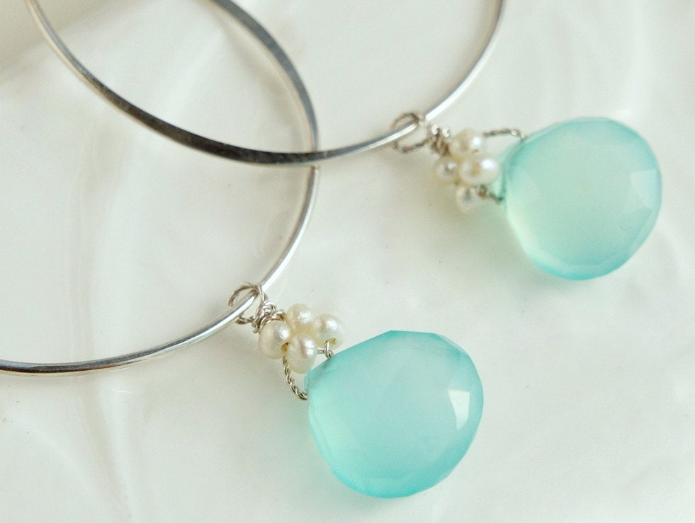 Aqua Blue Chalcedony Drop Hoop Earrings Sterling Silver Peruvian Blue Pretty Heart Drops Dangle Handmade Jewelry