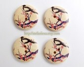Wooden Buttons - Magpie Bird Standing On Plum Branch (4 in a set)