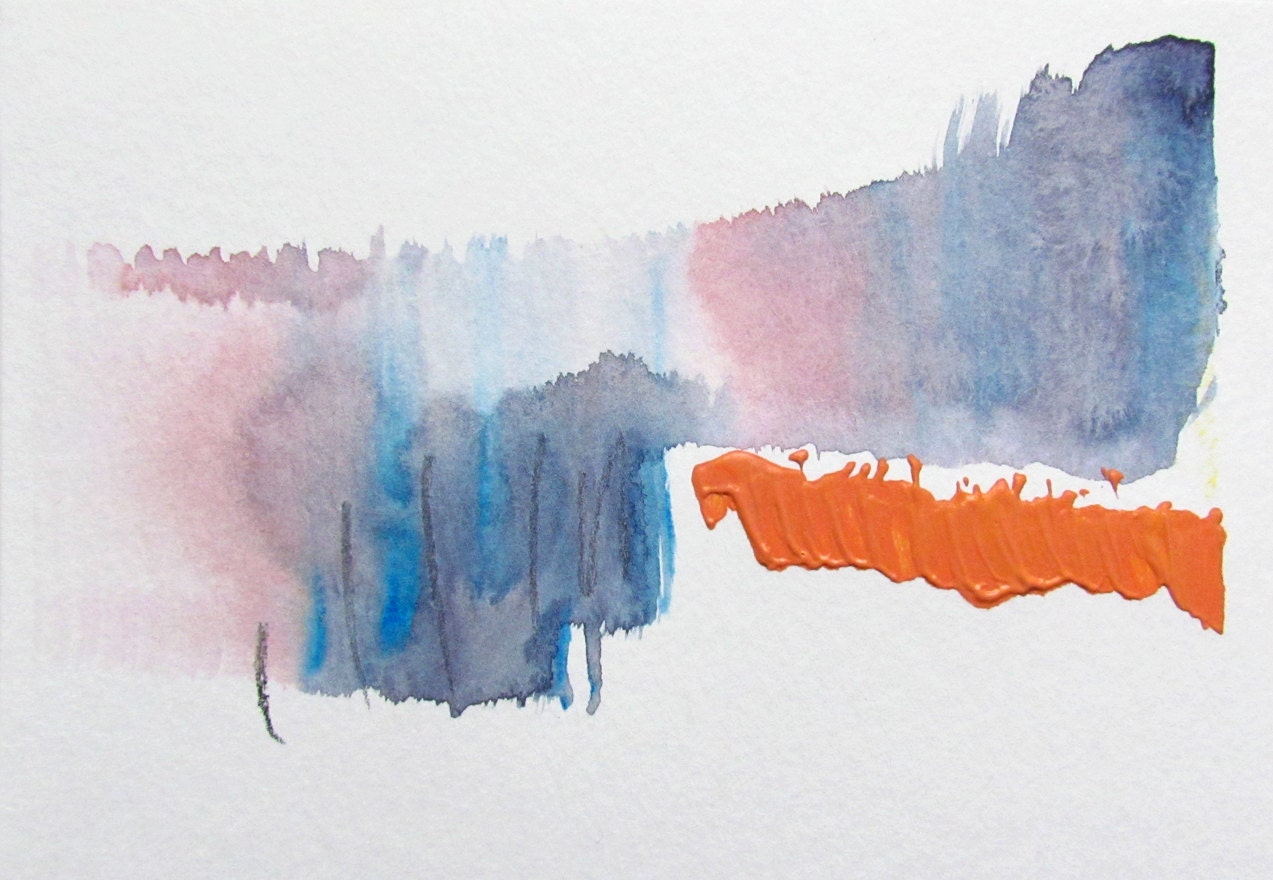 Minimal Abstract Landscape, violet, blue 4 x 6"  ORIGINAL fine art -- "Painting 404"