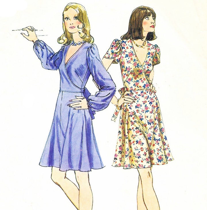 Vintage 1970s SURPLICE Bodice DRESS with TULIP Sleeves Pattern - Size 12 - Bust 34 - Simplicity 6266