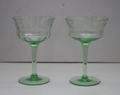 Vintage Set of 2 Green Depression Glass Wine Cordial Glasses