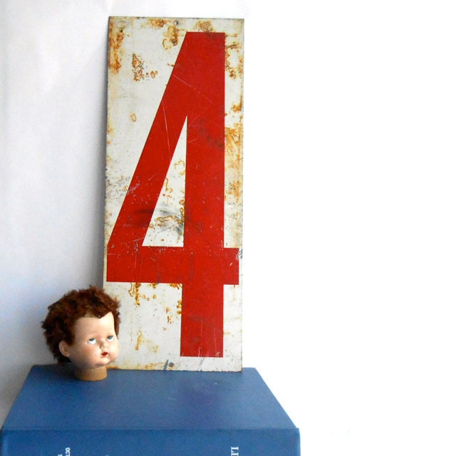 Vintage Industrial Red Metal Gas Station Double Sided Number 3 or 4