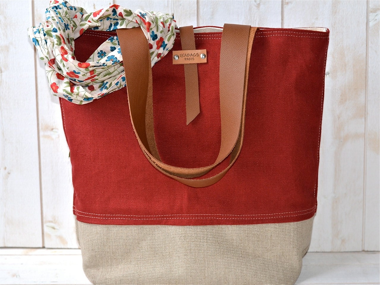 Eco friendly ORGANIC LINEN Large  French  RED tote bag  with Brown Leather strap / Market tote Bag