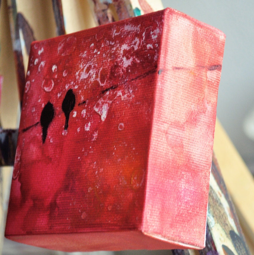 Lovebirds Mini - original abstract painting , miniature deep edge canvas 4x4"