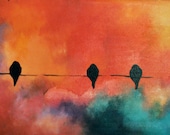 Birds on a wire 107 - original oil painting ,12x27 inch