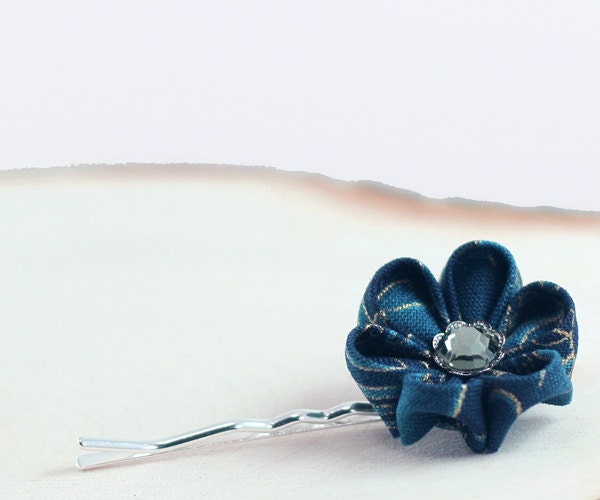 Teal blue bobby pin, peacock blue bobby pin, blue hair pin, blue hair flower, kanzashi bobby pin, women, girls - "Exotique"