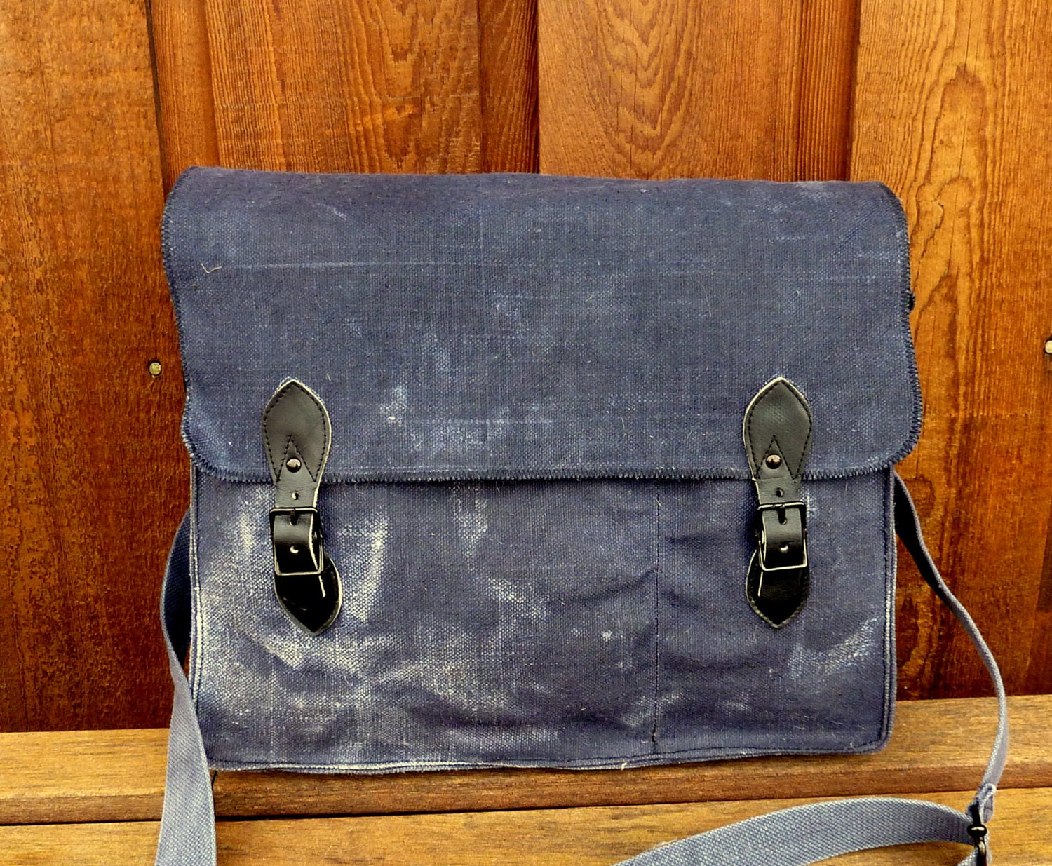 Vintage Italian Navy Linen Satchel Messenger Bag