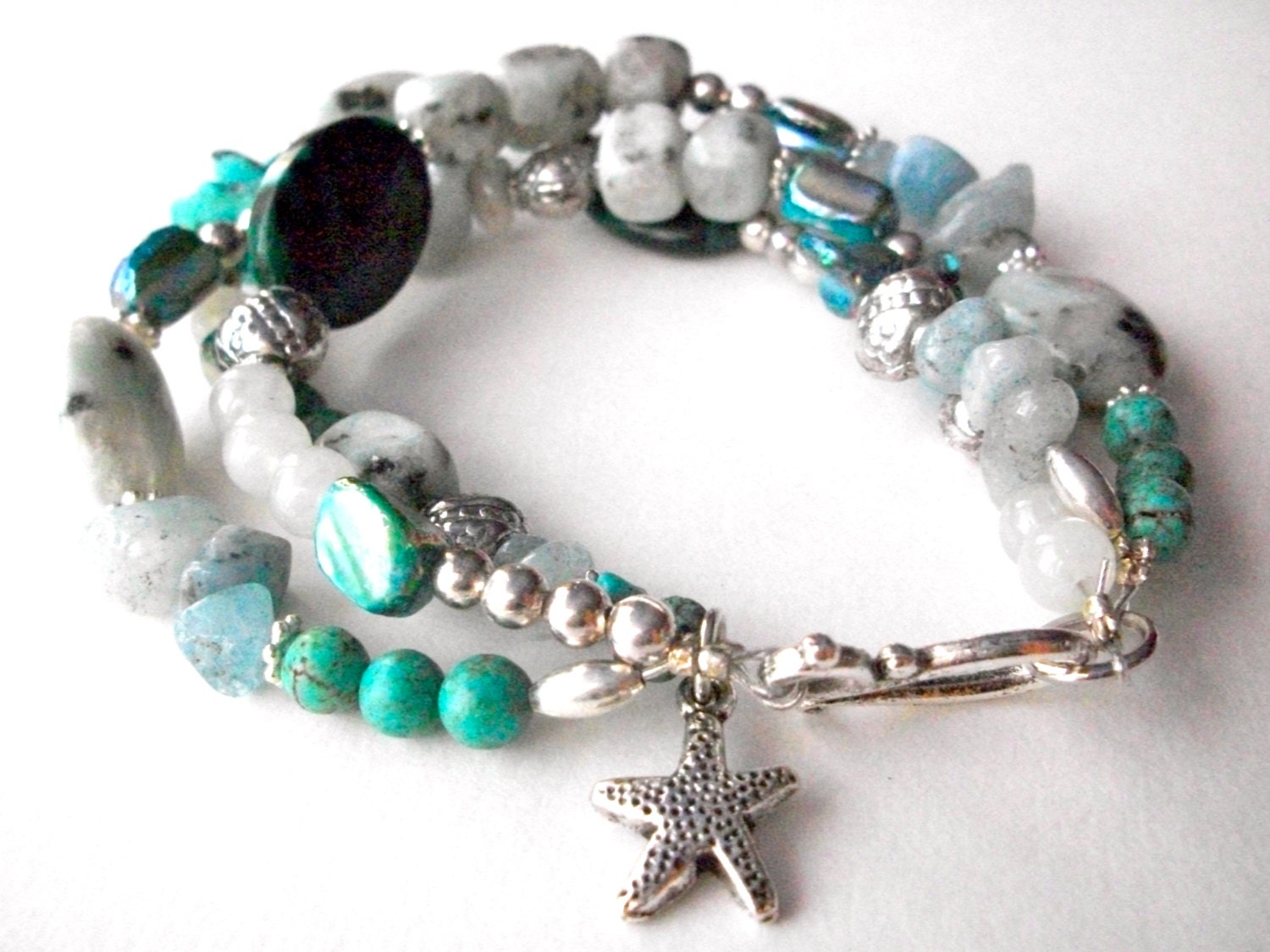Aquamarine gemstone bracelet, triple strand blue green boho bracelet with silver starfish, jasper, turquoise, MOP and silver beads