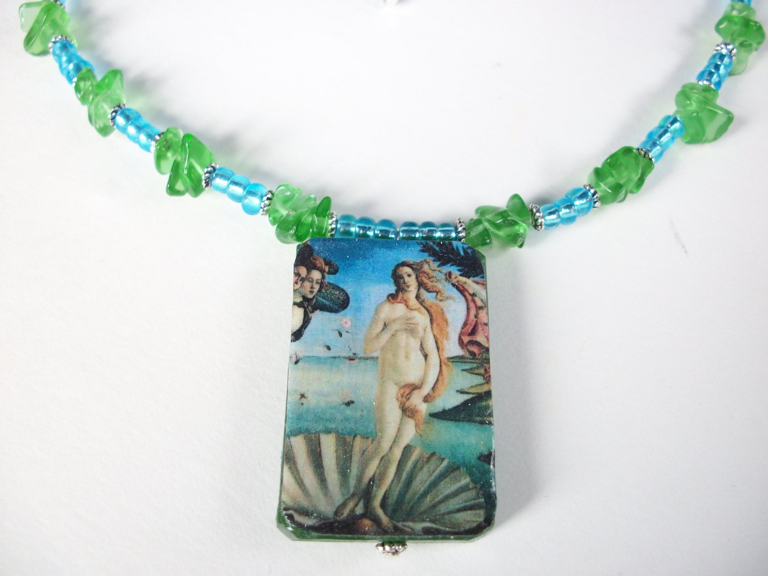 Botticelli Venus necklace, blue green beaded necklace with decoupage pendant silver adjustible chain