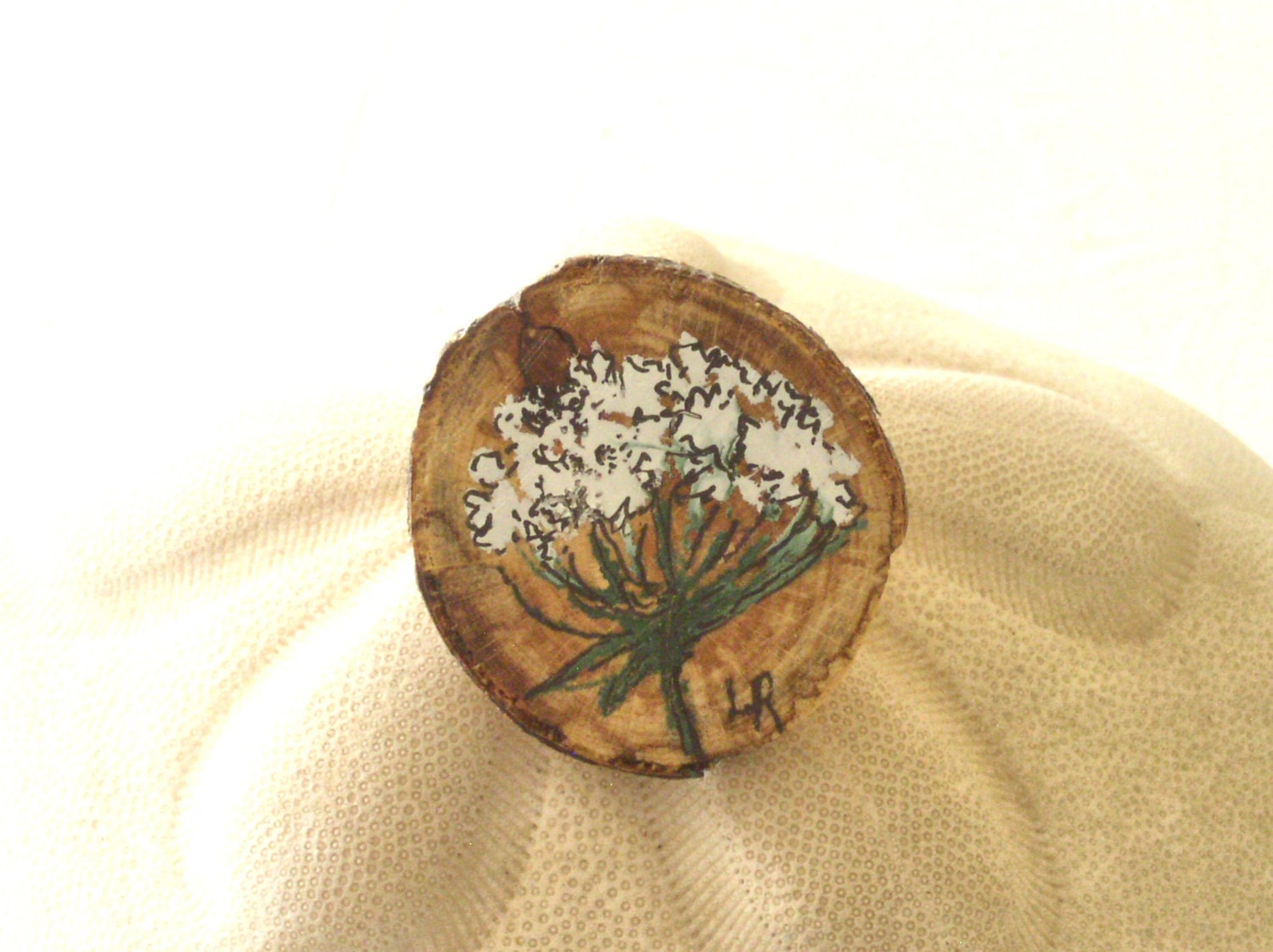 Woodland Jewelry Pin Painted Queen Anne Lace Botanical Flower Natural Wood Beechwood