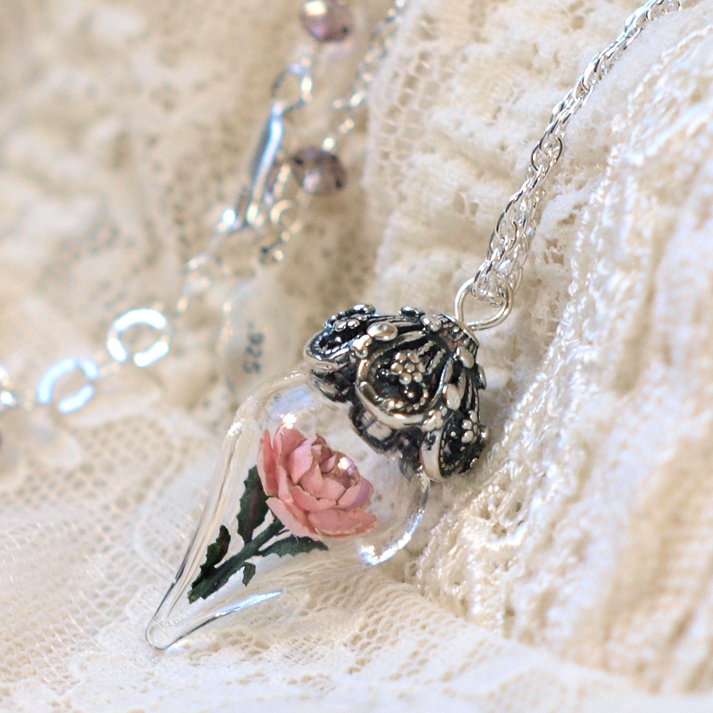 Antique Pink Rose Flower Glass Terrarium Necklace by Woodland Belle