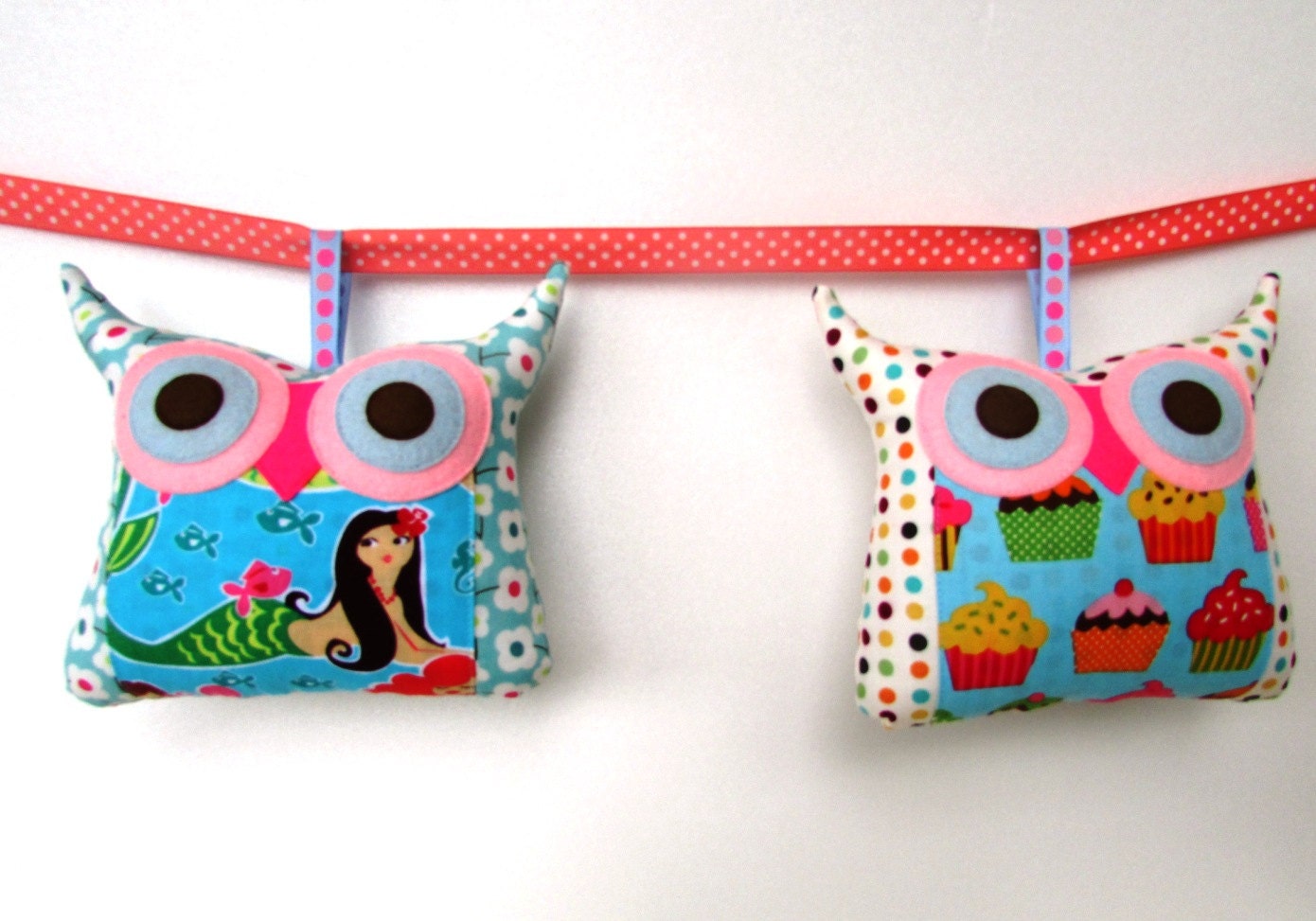Pink/Aqua /dots/kid room decor/TWO/Polyfil Stuffed little owl pillows/mobile/ decoration/collection - Ready to ship