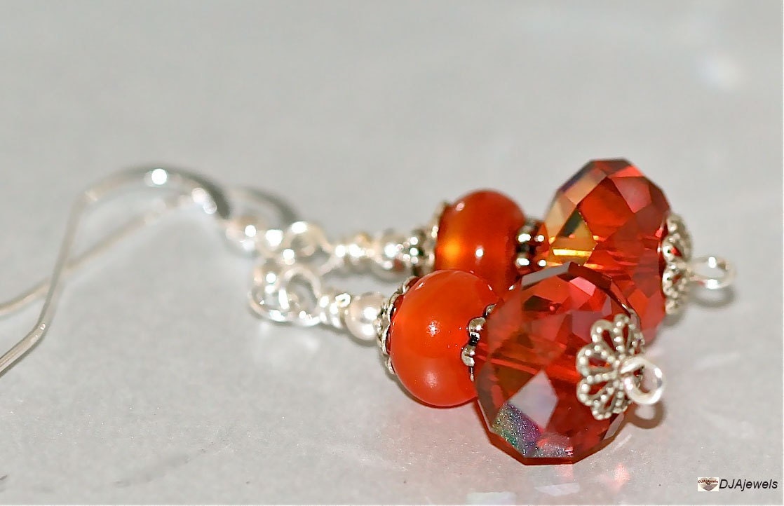 Carnelian Gemstone Earrings. Sterling Silver. Nouveau.