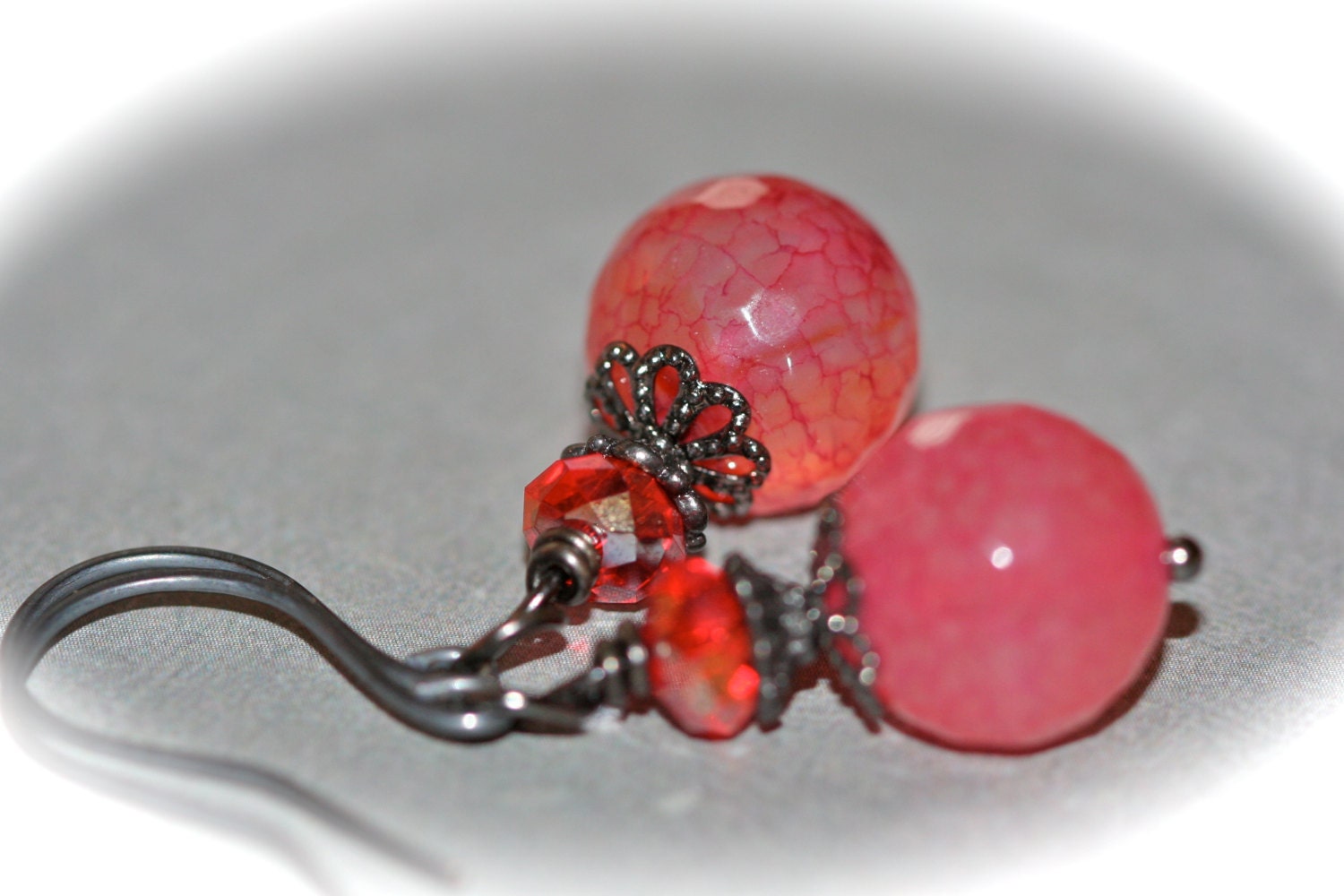 Tourmaline Earrings. Red. Pink. Antique Silver. Gunmetal.
