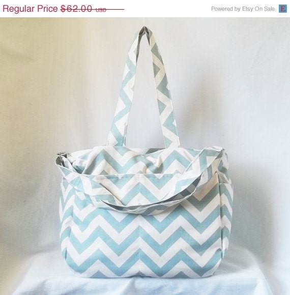 Weekend Sale - Chevron diaper bag with zippered closure - Natural and Blue zig zag medium weekender -Made to Order