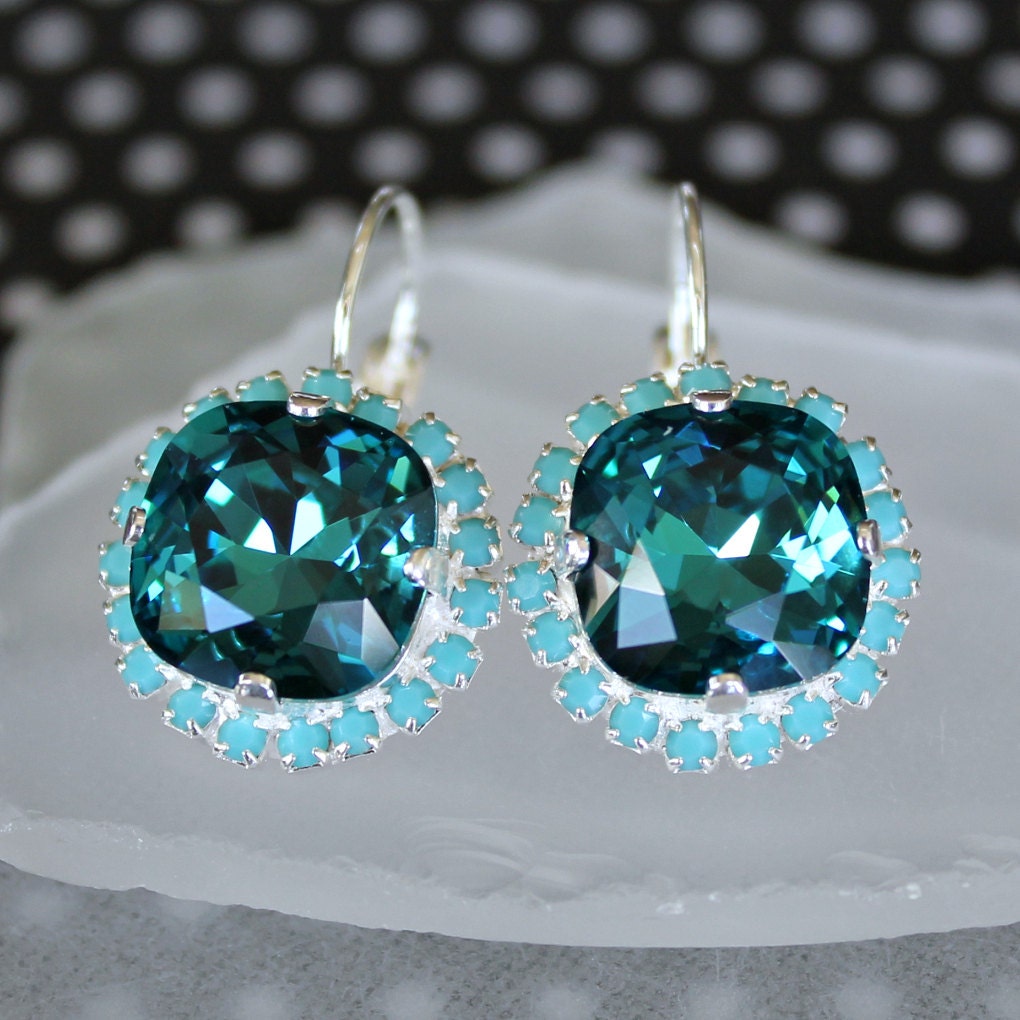Teal Swarovski Crystal Framed with Light Blue Rhinestones on Silver Leverback Earrings