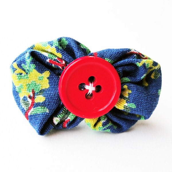 Kids Fabric and Button Ponytail Holder -  Blue Floral with Red Button