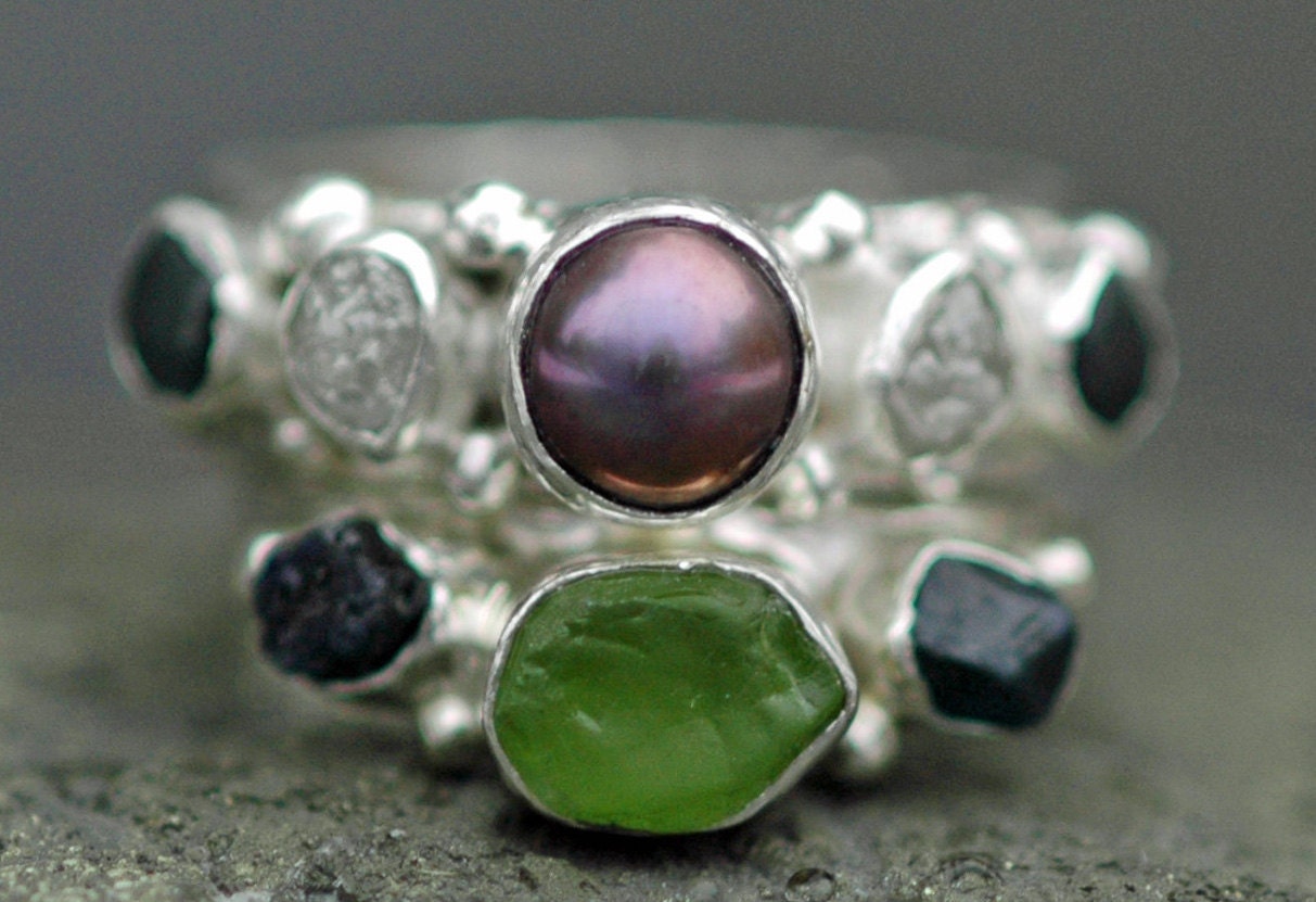 Pearl, Raw Diamond, and Raw Gemstone Engagement Band Wedding Stacking Ring