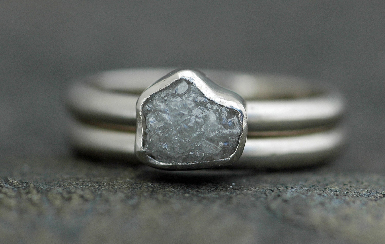 Bezel-Set Rough Large Diamond Engagement Ring and Wedding Band Set 14k White or Yellow Gold- Size D Diamonds