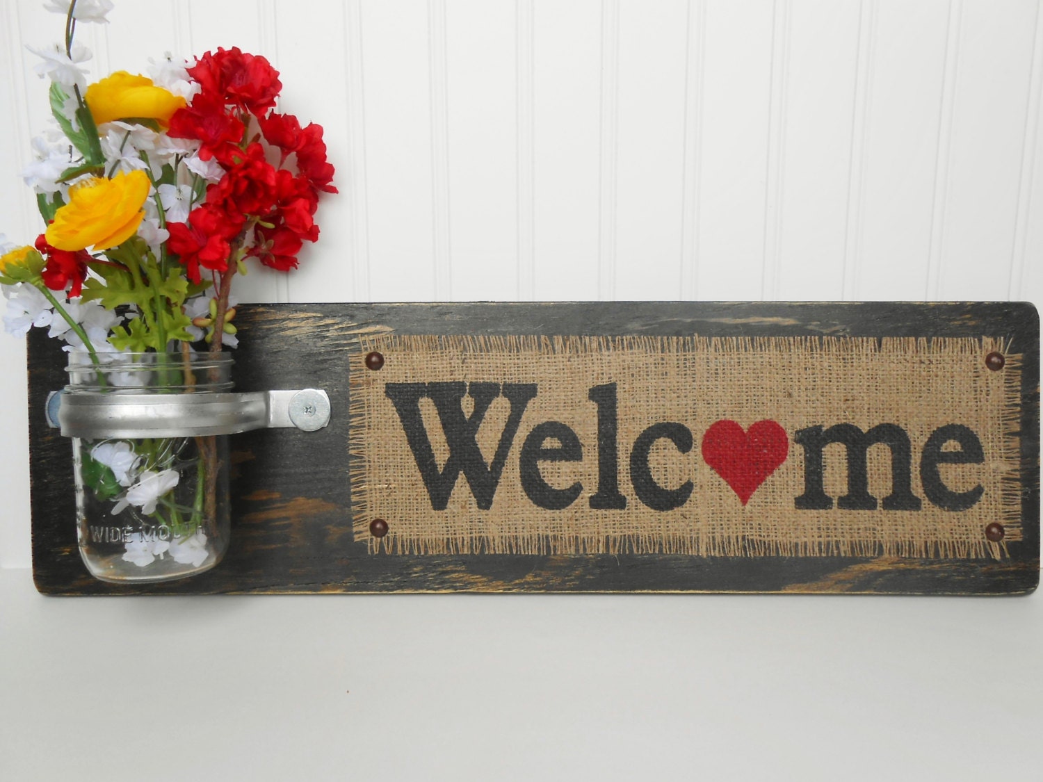 welcome wall hanging flower holder burlap sign by OldAndNewShoppe