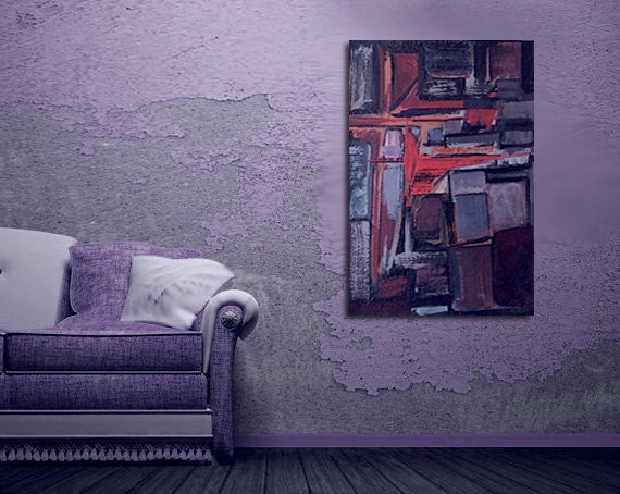 Painting Acrylic Original, 36" x 24" Deep Purple Abstract Painting, Mid Century Modern, Urban Art, Bold Geometric Painting